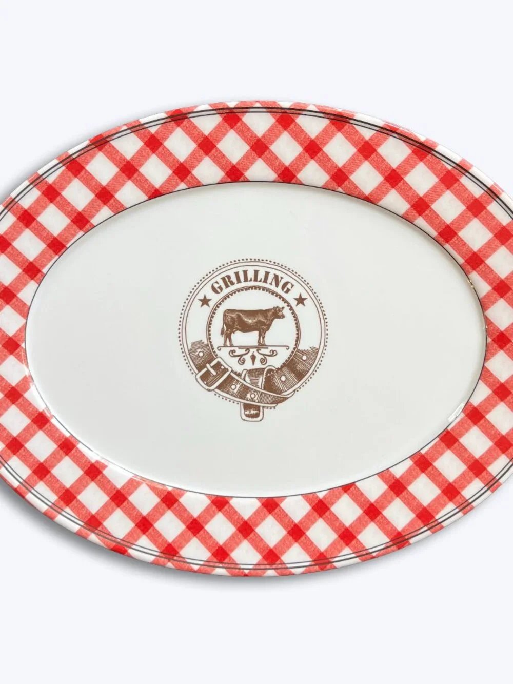 Williams-Sonoma Gingham Plaid Grilling Melamine Platter Red Checked Cow Oval BBQ